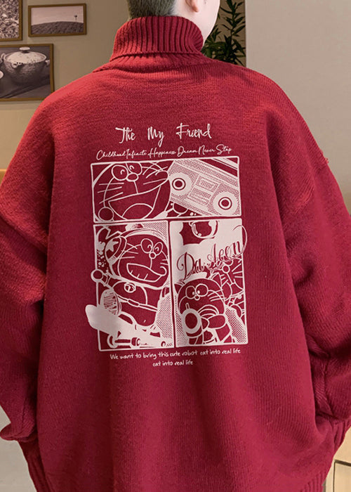 Loose Red Turtleneck Print Cozy Knit Sweater Winter