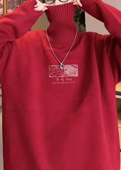 Loose Red Turtleneck Print Cozy Knit Sweater Winter