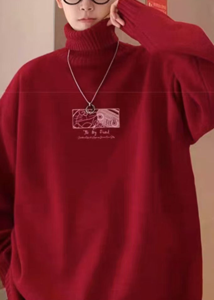 Loose Red Turtleneck Print Cozy Knit Sweater Winter