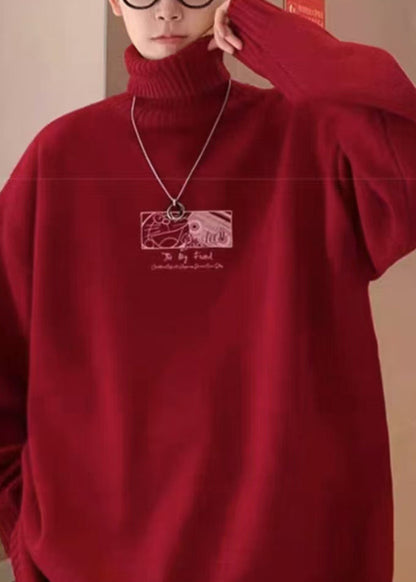 Loose Red Turtleneck Print Cozy Knit Sweater Winter