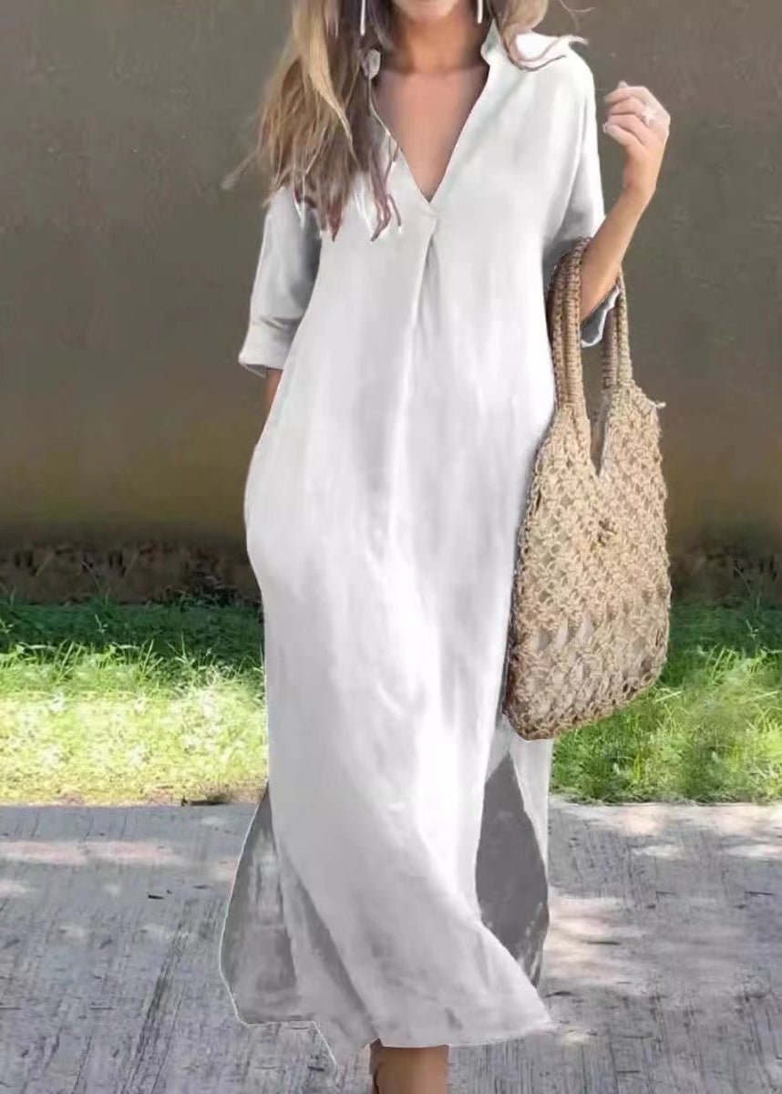 Loose Red V Neck Side Open Linen Holiday Dress Half Sleeve