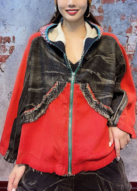 Loose Red Hooded Zippered Fall Denim Coat Long Sleeve