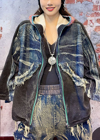 Loose Red Hooded Zippered Fall Denim Coat Long Sleeve