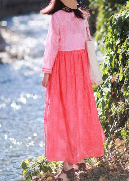 Loose Rose Embroidery Clothes O Neck Patchwork Kaftan Summer Dress