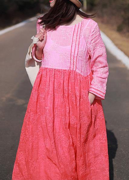 Loose Rose Embroidery Clothes O Neck Patchwork Kaftan Summer Dress