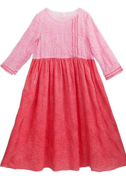 Loose Rose Embroidery Clothes O Neck Patchwork Kaftan Summer Dress
