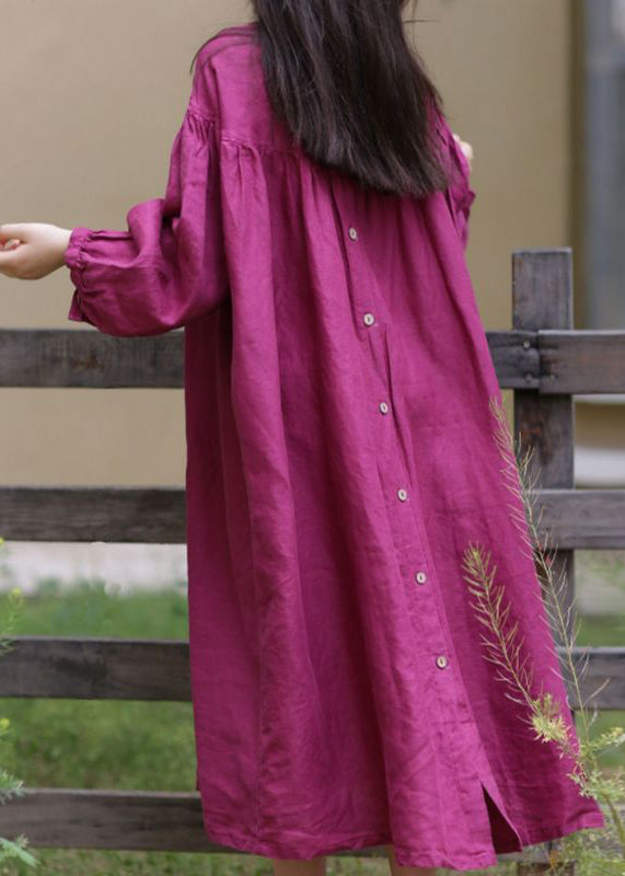Loose Rose O Neck Button Cotton Long Dress Spring