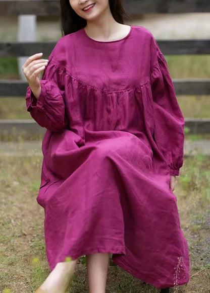 Loose Rose O Neck Button Cotton Long Dress Spring