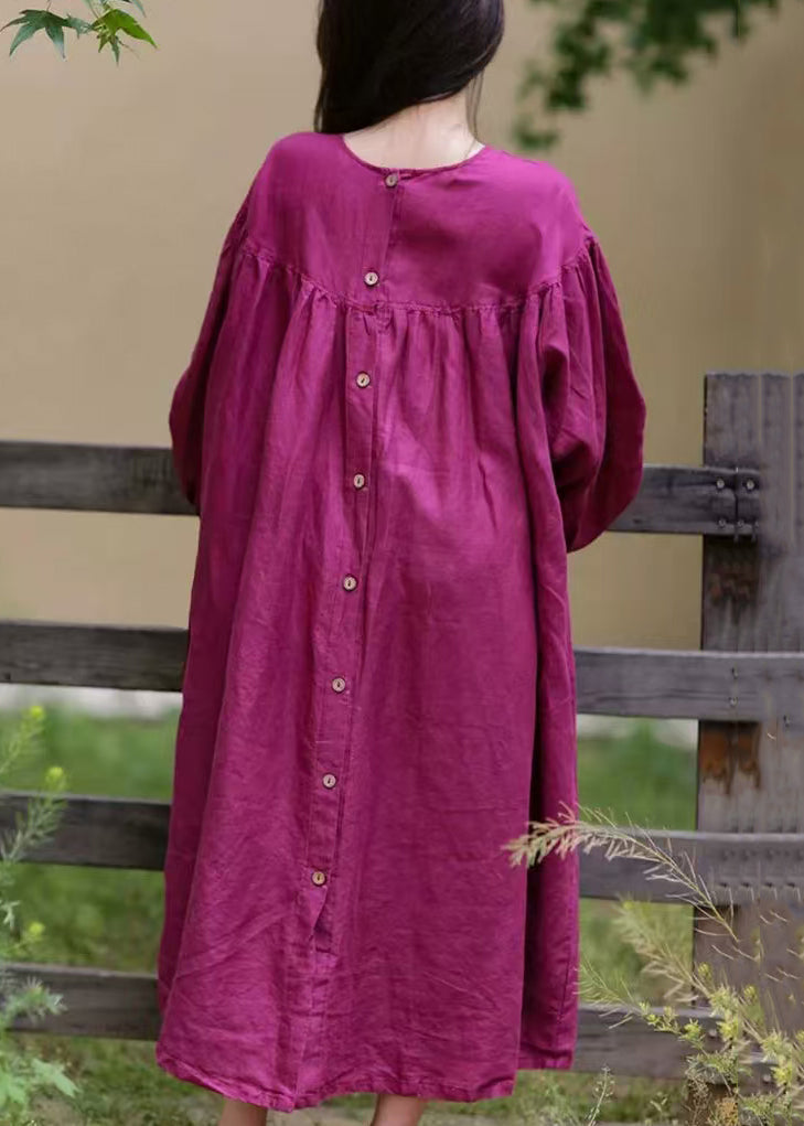 Loose Rose O Neck Button Cotton Long Dress Spring