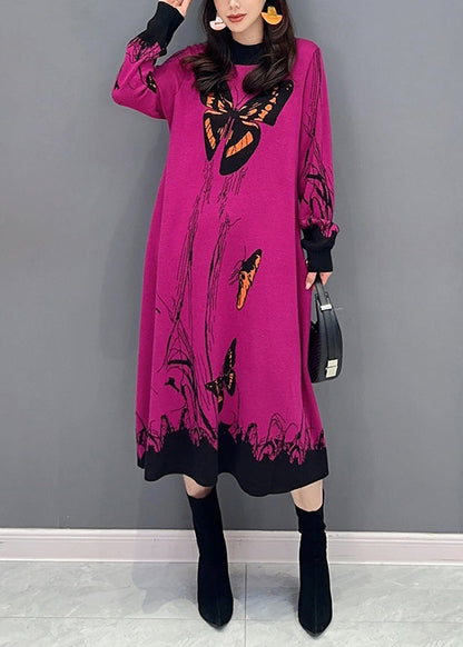 Loose Rose O-neck Print Patchwork Knit Dresses Long Sleeve
