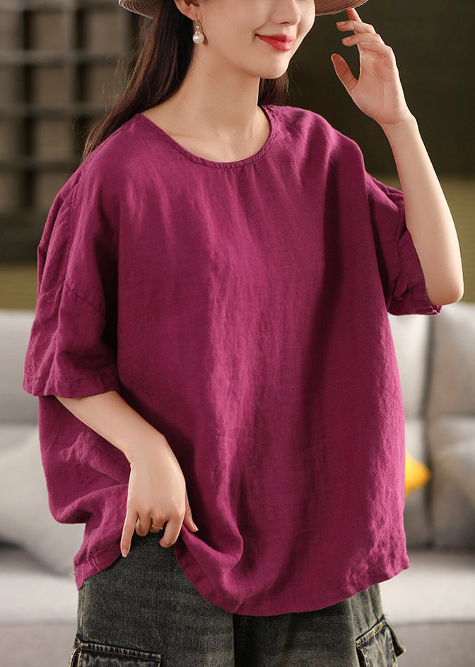 Loose Rose O Neck Linen T Shirts Summer