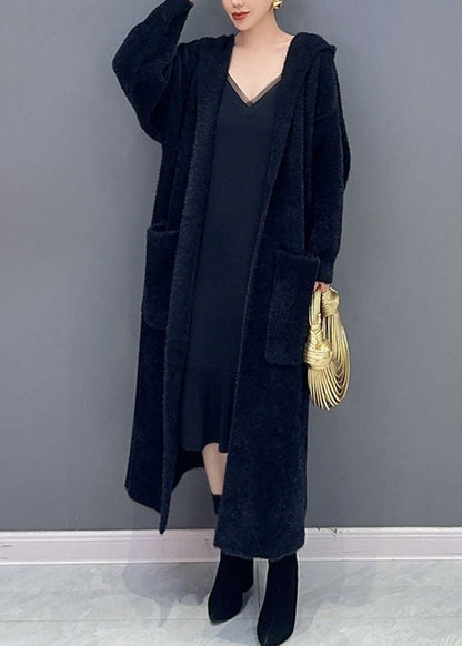 Loose Rose Pockets Knitted Cotton Thread Long Hooded Coat Fall