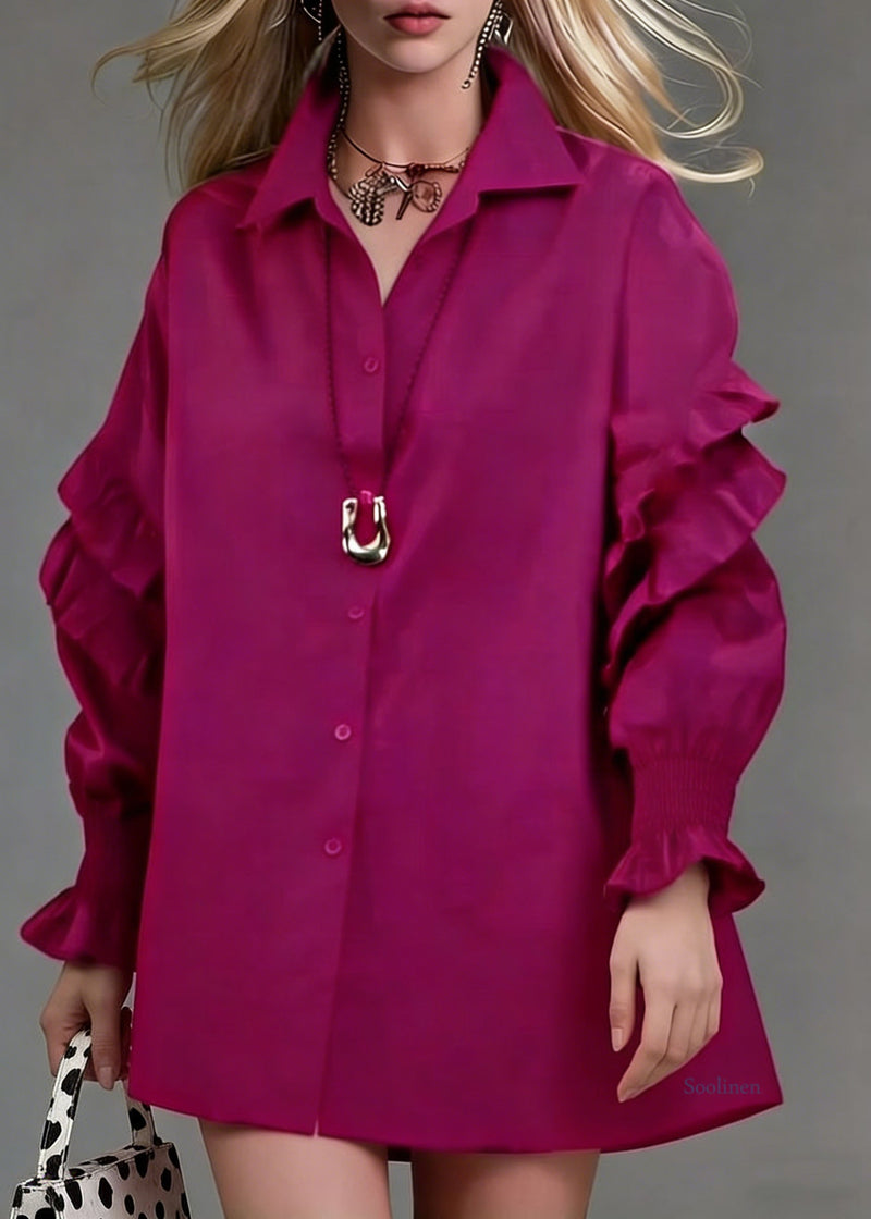 Loose Rose Ruffled Button Cotton Blouse Lantern Sleeve