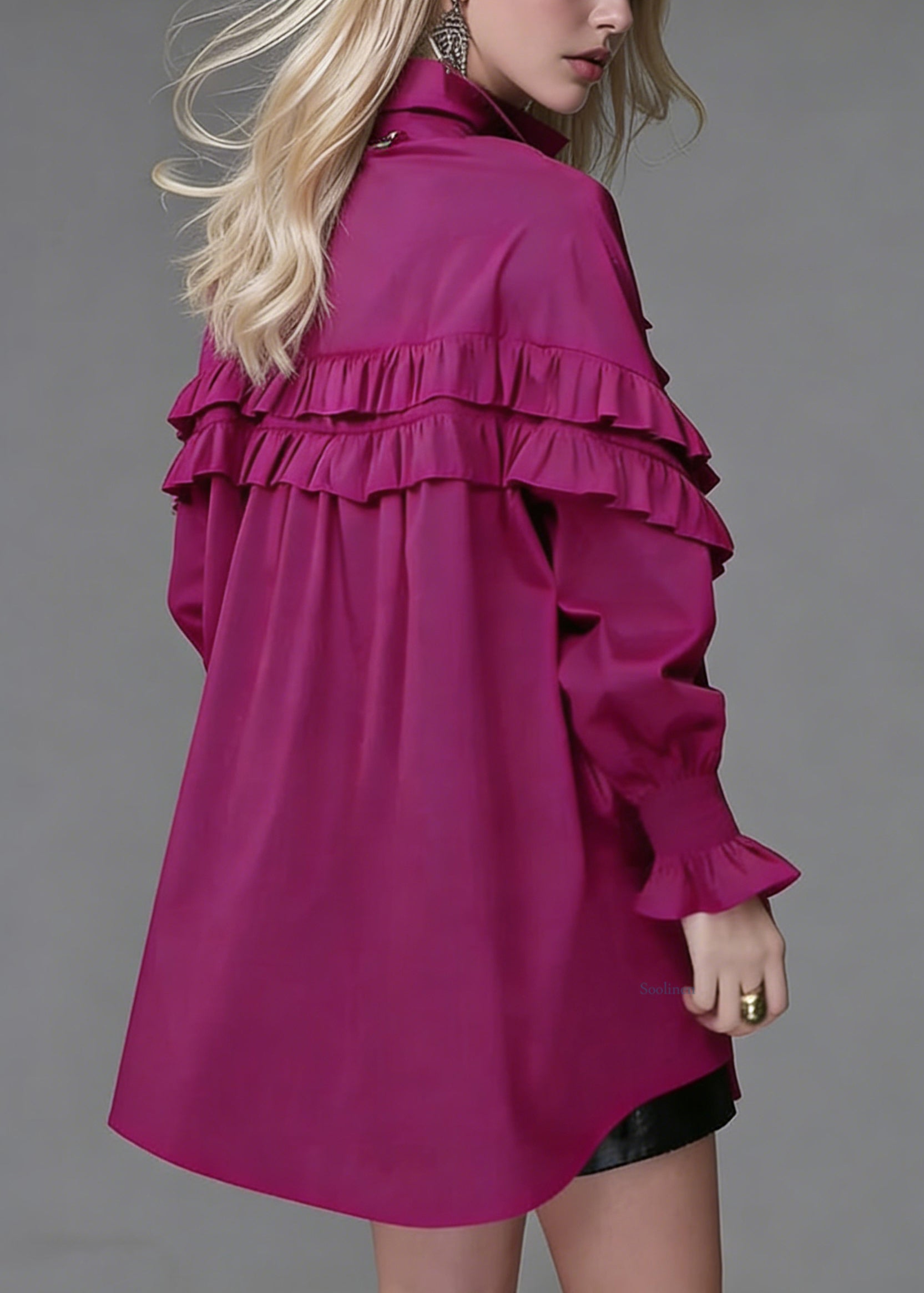 Loose Rose Ruffled Button Solid Cotton Blouse Lantern Sleeve