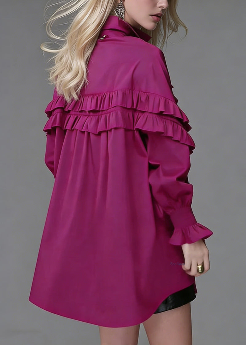 Loose Rose Ruffled Button Cotton Blouse Lantern Sleeve