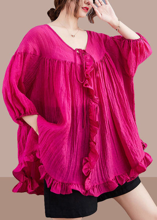 Loose Rose Ruffled Patchwork Lace Up Cotton Shirts Top Summer