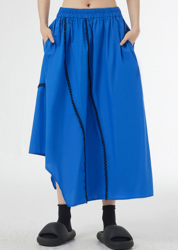 Loose Royal Blue Asymmetrical Pockets Patchwork Cotton a Line Skirts Summer