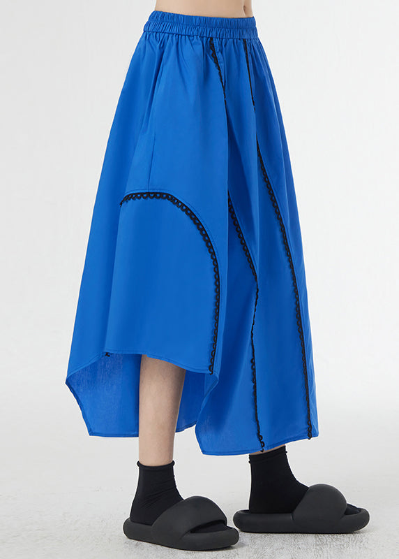 Loose Royal Blue Asymmetrical Pockets Patchwork Cotton a Line Skirts Summer