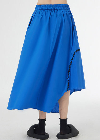Loose Royal Blue Asymmetrical Pockets Patchwork Cotton a Line Skirts Summer