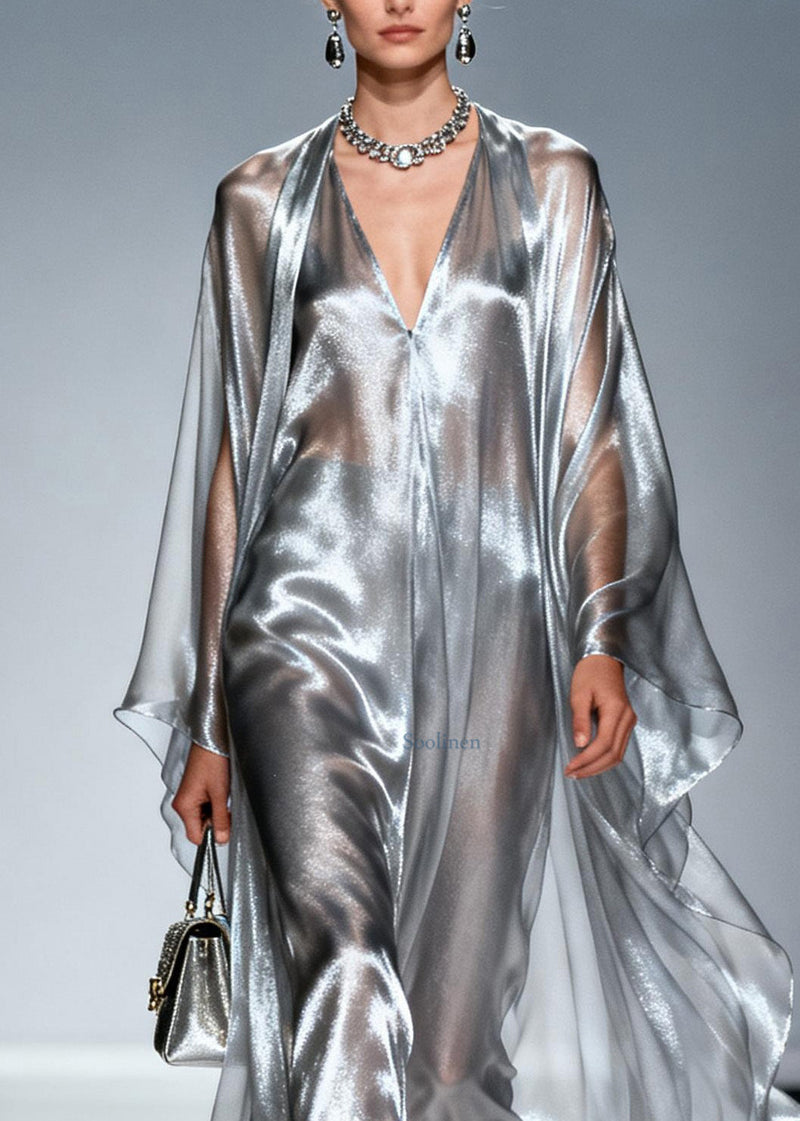 Loose Silver V Neck Asymmetrical Silk Robe Dresses Summer