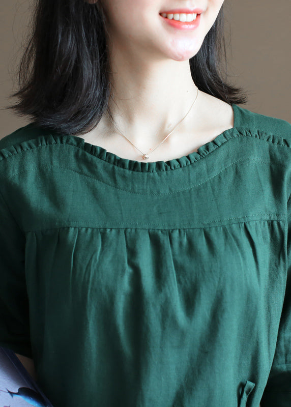 Loose Blackish Green Drawstring Ruffled Cotton Linen Vacation Dress Half Sleeve