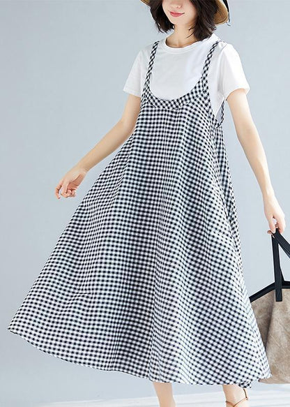 Loose Spaghetti Strap Cotton Long Black White Plaid Dresses Summer
