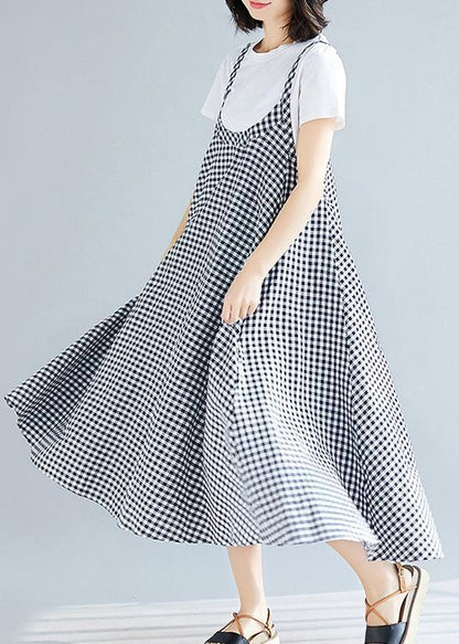 Loose Spaghetti Strap Cotton Long Black White Plaid Dresses Summer