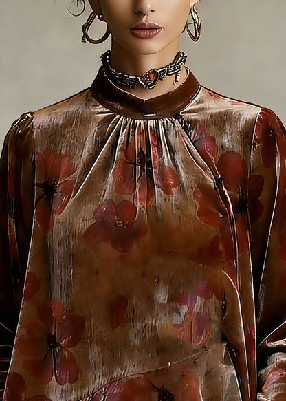 Loose Stand Collar Asymmetrical Ruffled Silk Velour Shirt Spring
