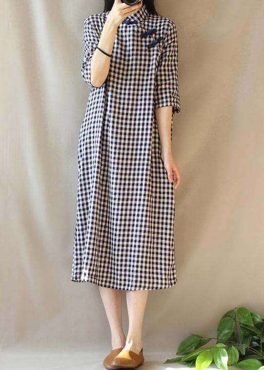 Loose Stand Collar Chinese Button Outfit Work Plaid Maxi Dresses