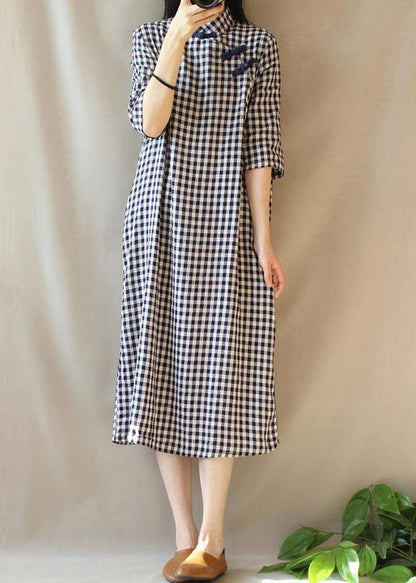 Loose Stand Collar Chinese Button Outfit Work Plaid Maxi Dresses