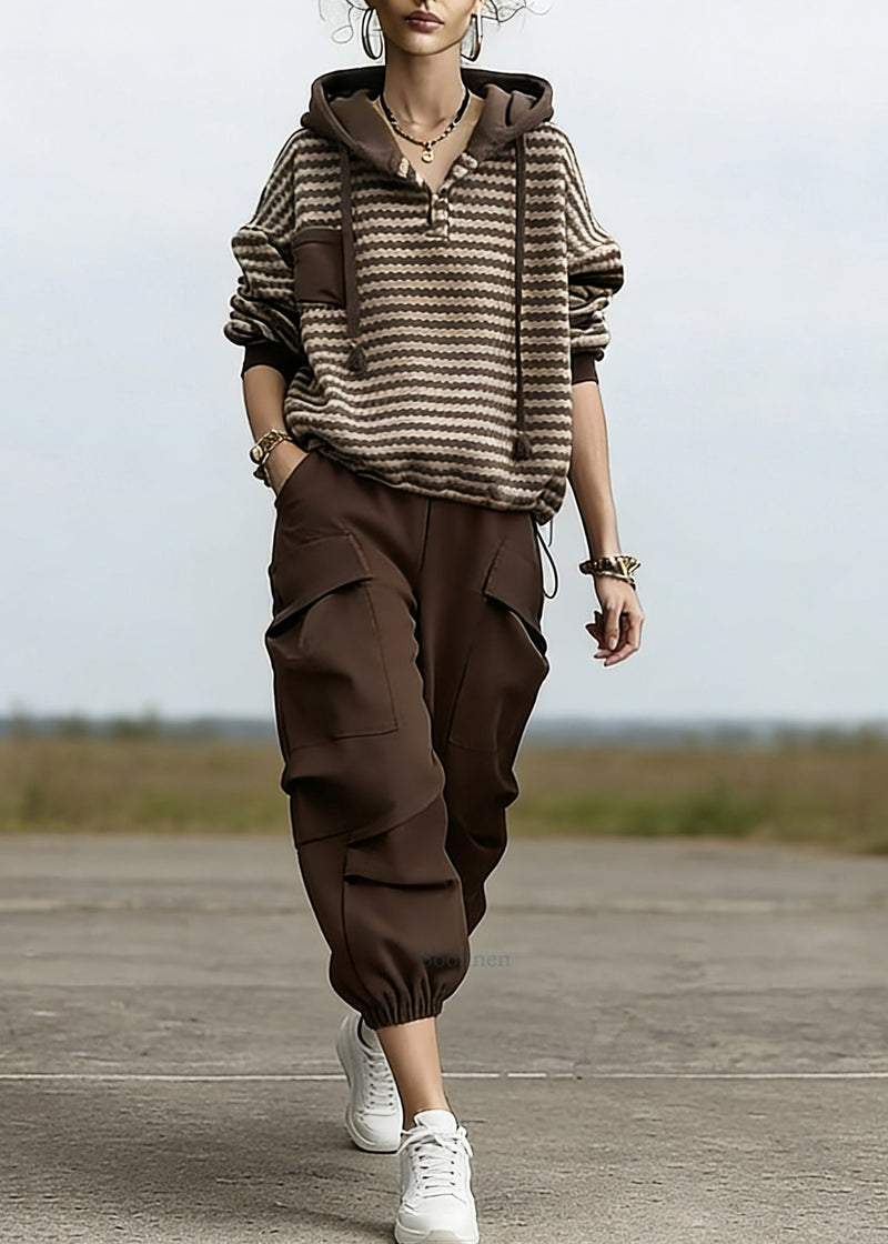 Loose Striped Drawstring Hooded Sweatshirt and Beam Pants Two Piece Set Spring