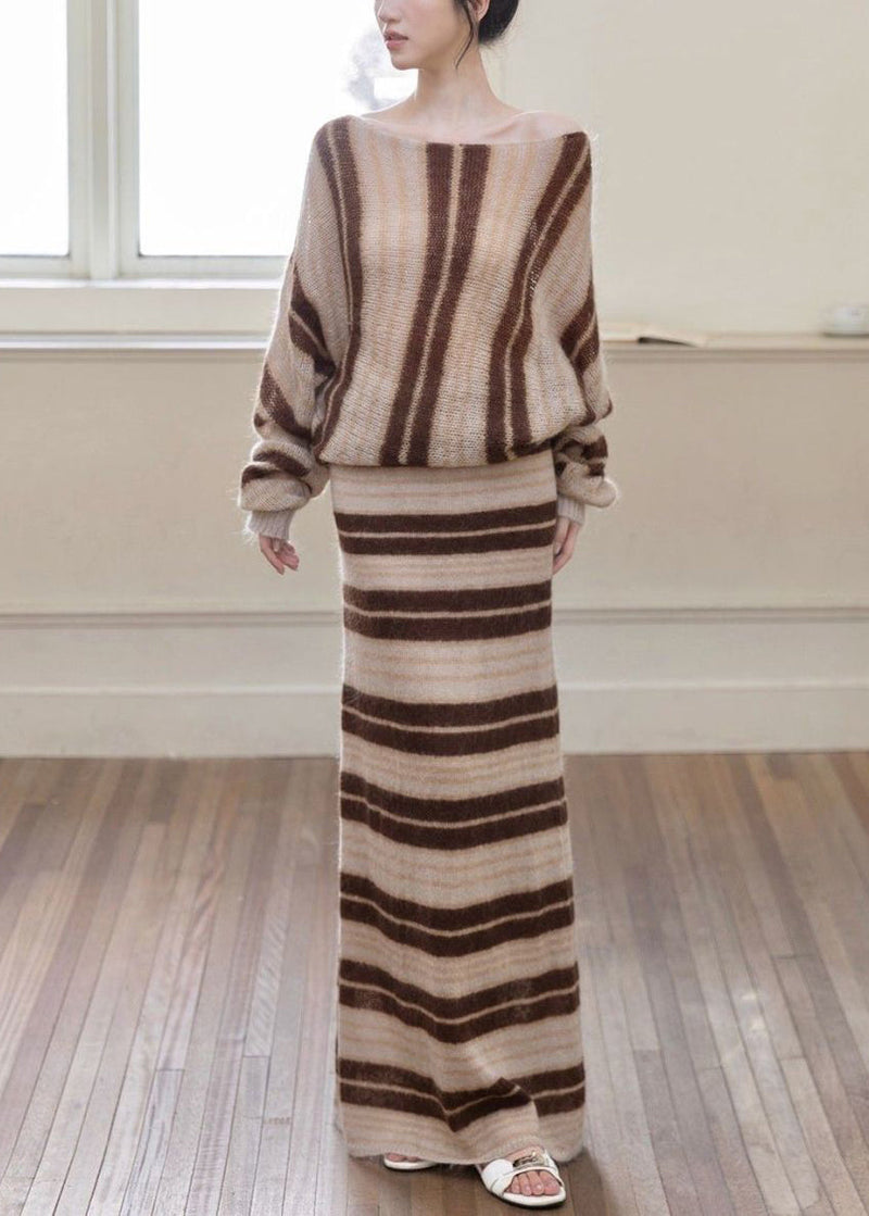 Loose Striped O Neck Cozy Sweaters and Skirts Two Piece Set Fall