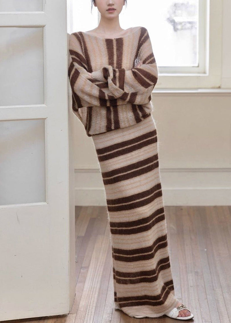 Loose Striped O Neck Cozy Sweaters and Skirts Two Piece Set Fall