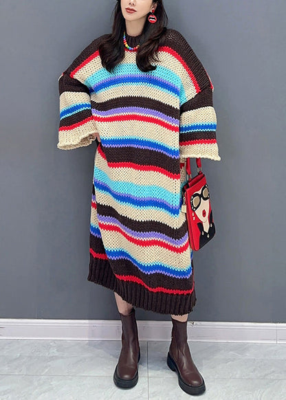 Loose Striped O-neck Hollow Out Patchwork Knit Dresses Fall