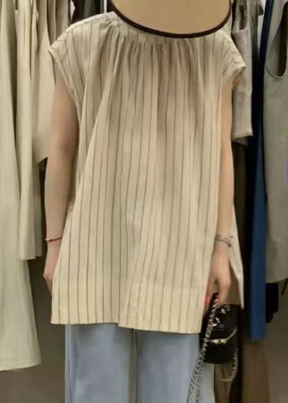 Loose Striped O-neck Side Open Cotton Shirt Vest Sleeveless