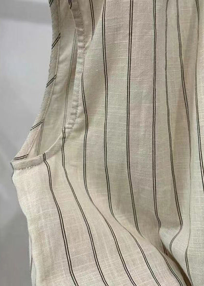 Loose Striped O-neck Side Open Cotton Shirt Vest Sleeveless
