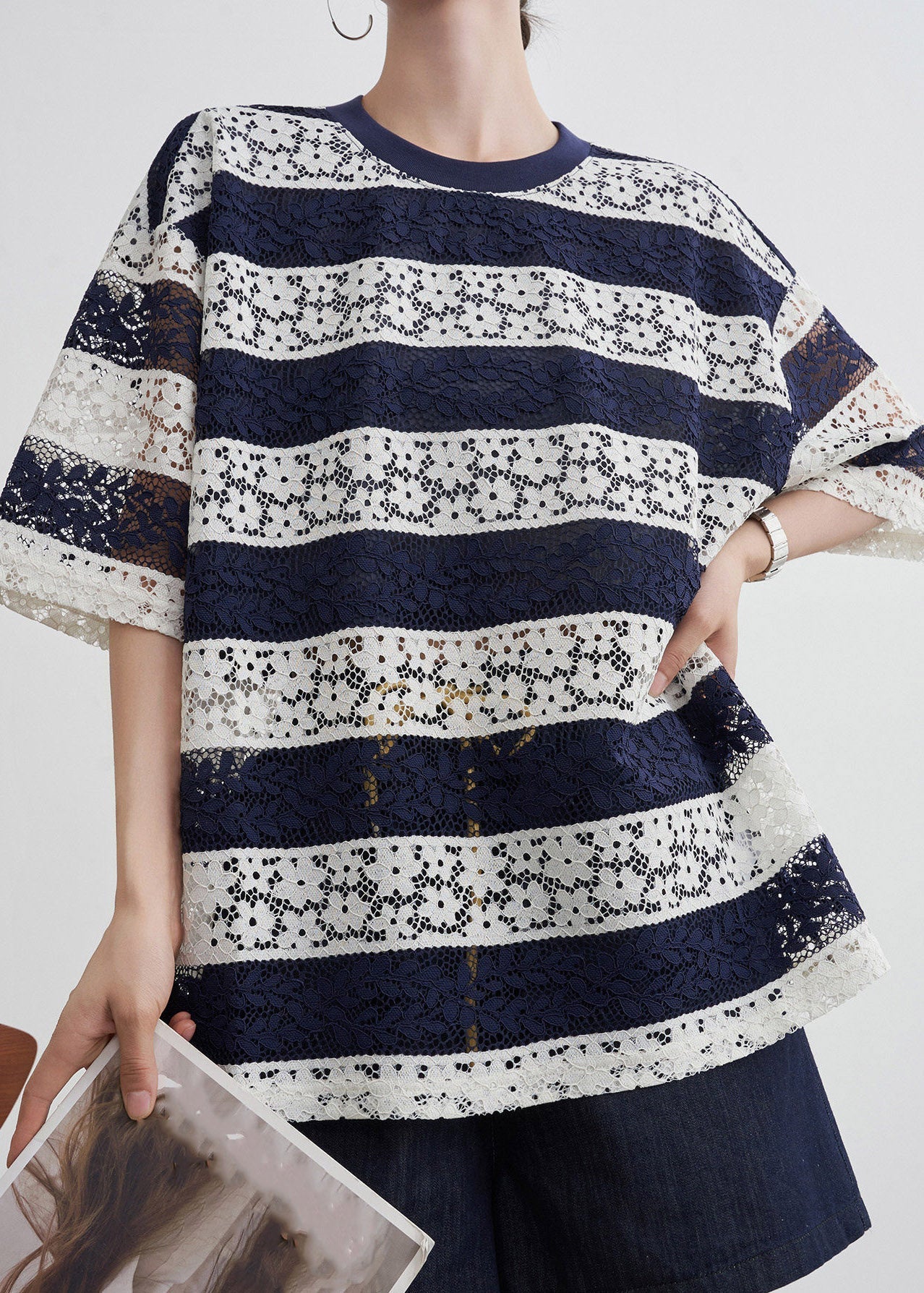 Loose Striped Top O-neck Blue Summer