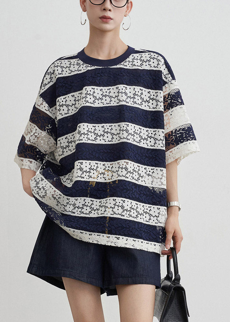 Loose Striped Top O-neck Blue Summer