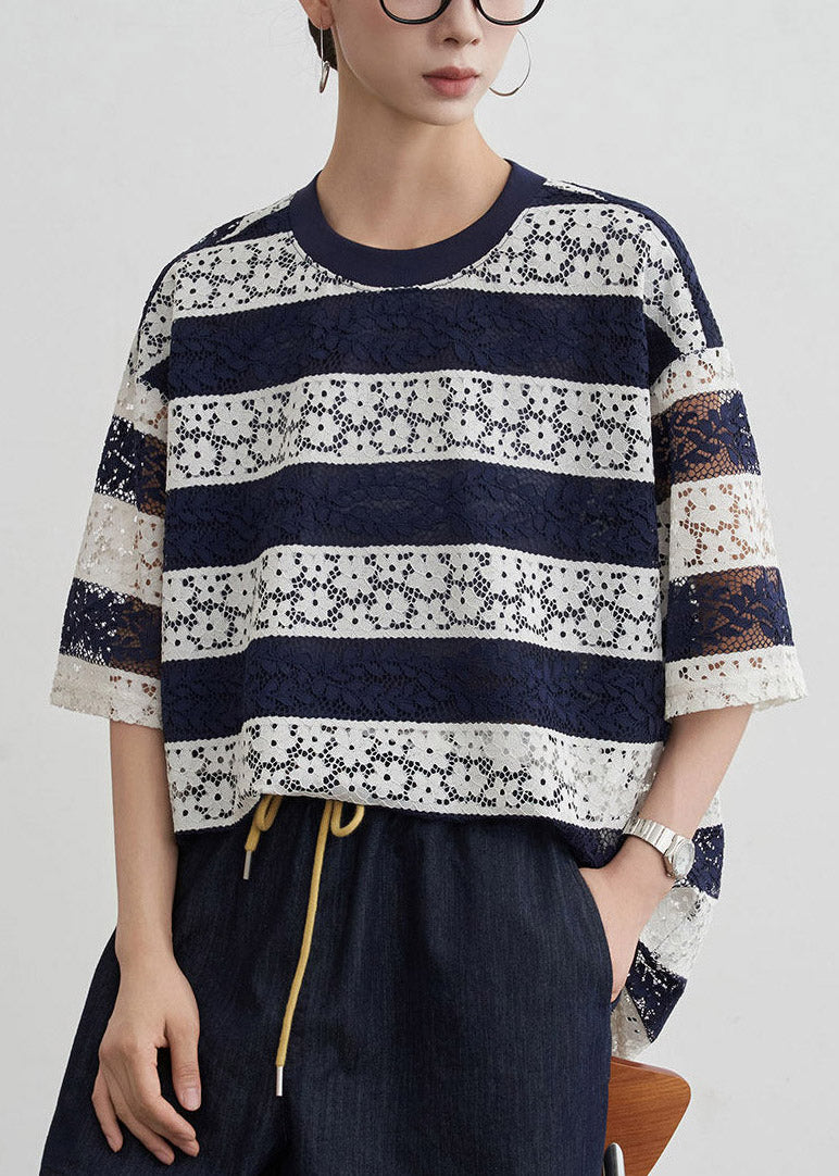 Loose Striped Top O-neck Blue Summer