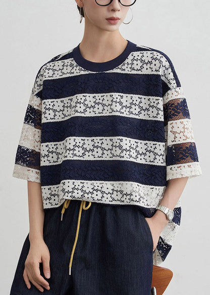 Loose Striped Top O-neck Blue Summer