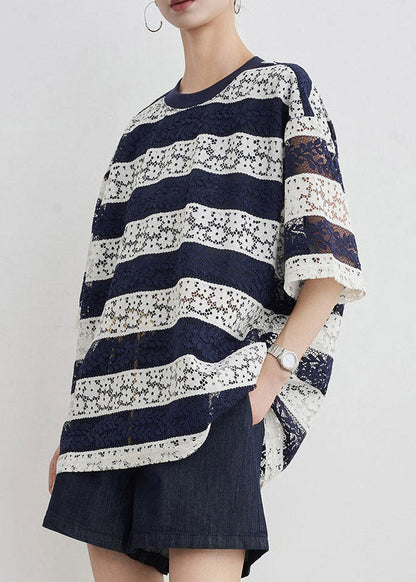 Loose Striped Top O-neck Blue Summer