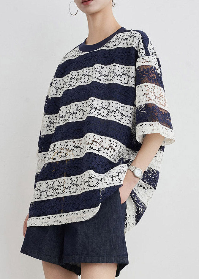 Loose Striped Top O-neck Blue Summer