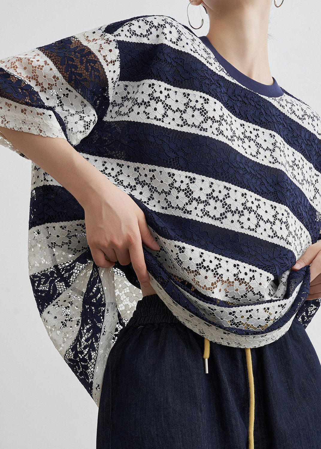 Loose Striped Top O-neck Blue Summer