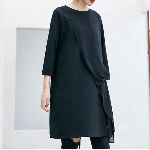 Loose Three Quarter Sleeve Cotton Tunics Fun Tunic Tops Black Loose Dress