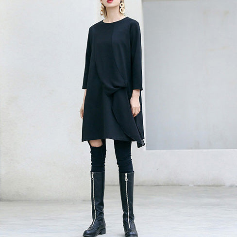 Loose Three Quarter Sleeve Cotton Tunics Fun Tunic Tops Black Loose Dress
