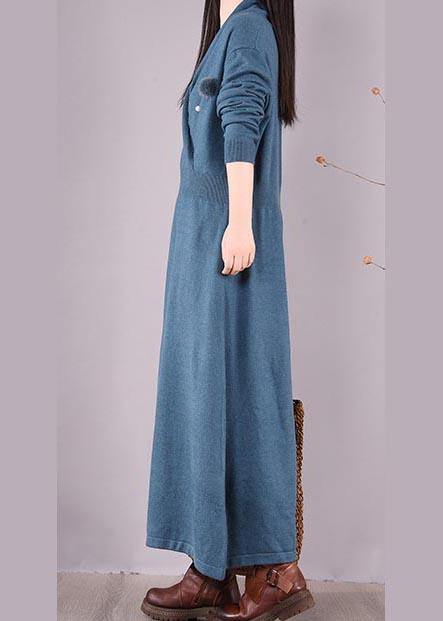 Loose V Neck Asymmetric Spring Quilting Clothes Work Blue Robes Dresses