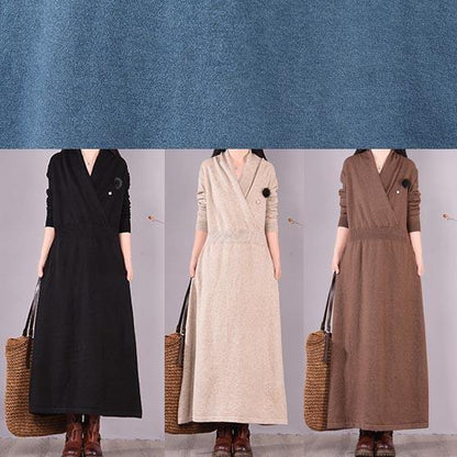 Loose V Neck Asymmetric Spring Quilting Clothes Work Blue Robes Dresses