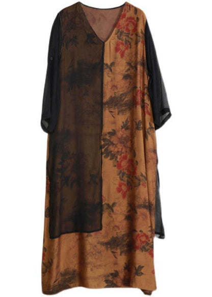 Loose V Neck Patchwork Quilting Clothes Work Outfits Yellow Print Maxi Dresses