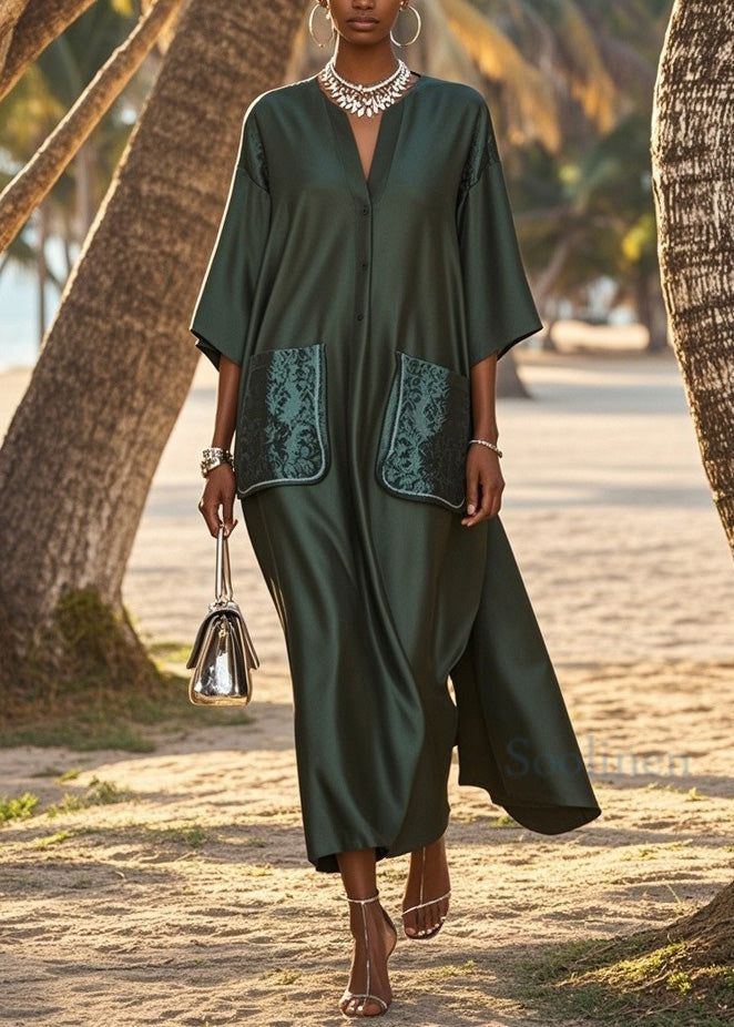 Loose V Neck Pockets Patchwork Silk Long Dress Summer