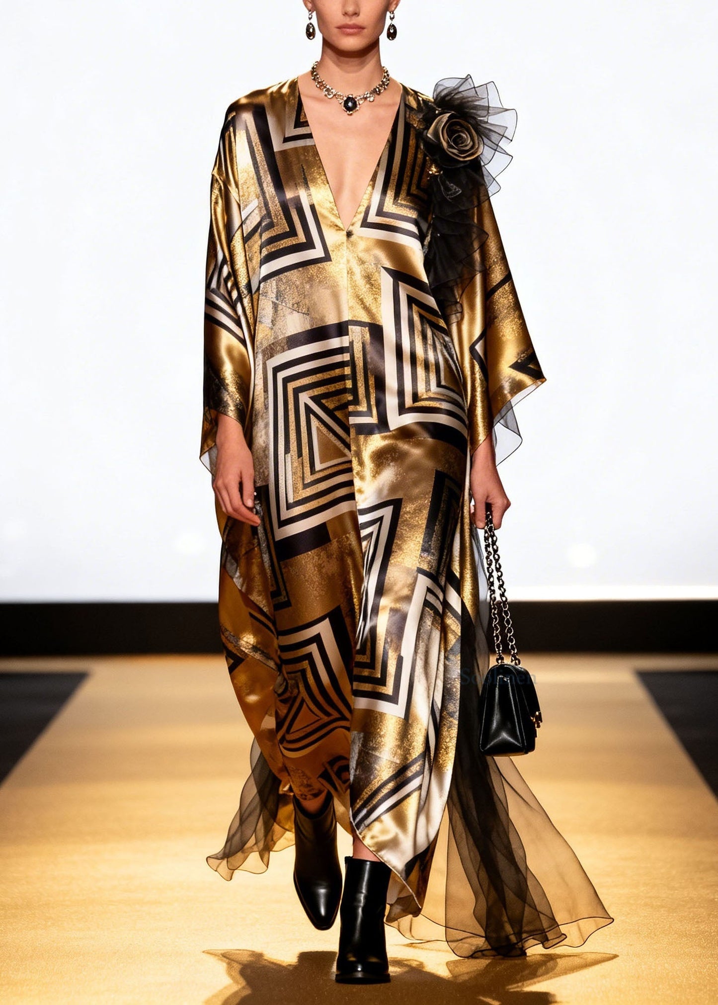 Loose V Neck Print Patchwork Silk Long Dress Spring